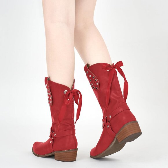 Women's Red Western Leather Mid Calf Fashion Chunky Cowgirl Pointed Toe Boot - Picture 6 of 7